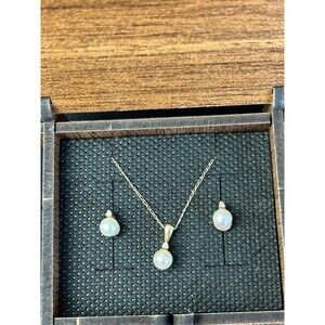 Gold Pearl & Diamond Jewelry Set Marked 10k Earrings, Chain Necklace & Pendant